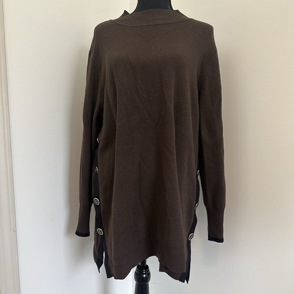 Chicos Cashmere Blend Tunic Sweater Button Accent Womens 3/ US XL Brown
